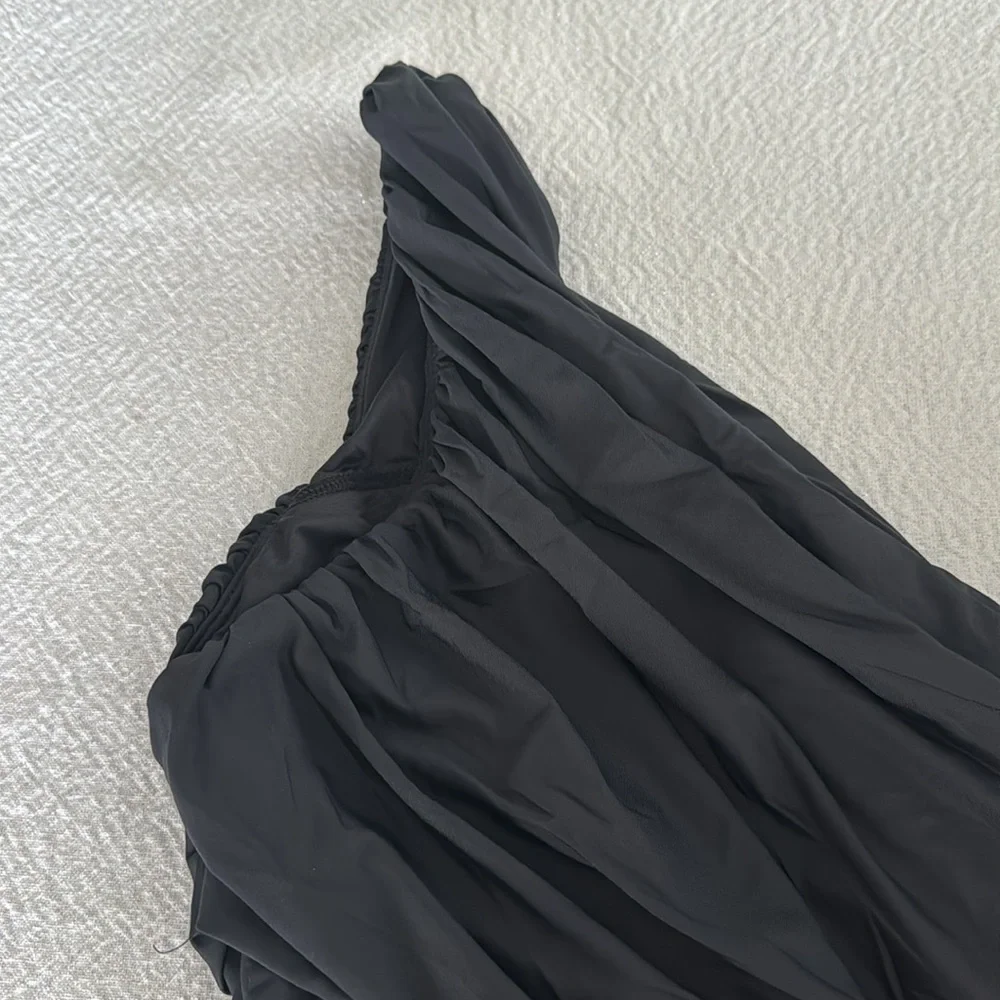 La Blanca Island Goddess Shirred One Shoulder One Piece - Black, Size 6, $120